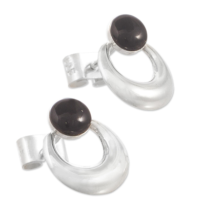 Obsidian drop earrings, 'Crowned Crescent' - Black Obsidian and Sterling Silver Drop Earrings