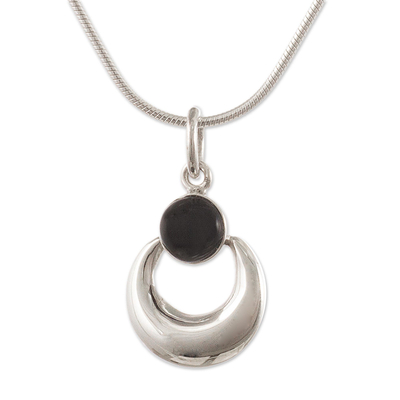Obsidian pendant necklace, 'Crowned Crescent' - Artisan Crafted Obsidian Pendant Necklace
