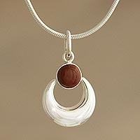 Jasper pendant necklace, 'Crowned Crescent' - Crescent Shaped Necklace with Red Jasper