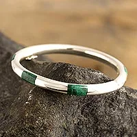 Chrysocolla bangle bracelet, 'Inside Story' - Polished Sterling Silver Bangle with Chrysocolla