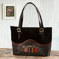 Leather and suede tote bag, 'Cusco Journey'