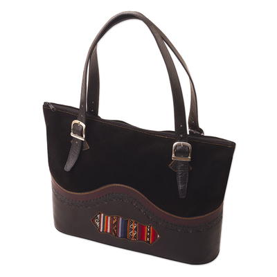 Leather and suede tote bag, 'Cusco Journey' - Leather and Suede and Wool Tote Bag