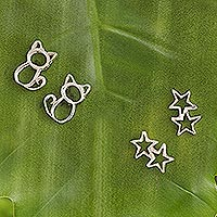 Sterling silver stud earrings, 'Cats and Stars' (pair) - Sterling Silver Stud Earrings with Cats and Stars (Pair)