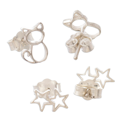 Sterling silver stud earrings, 'Cats and Stars' (pair) - Sterling Silver Stud Earrings with Cats and Stars (Pair)