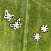 Sterling silver stud earrings, 'Butterflies and Suns' (pair)