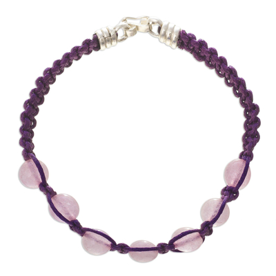 Rose quartz beaded macrame bracelet, 'Allegro' - Purple Macrame Bracelet with rose Quartz