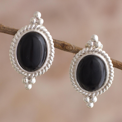 Onyx drop earrings, 'Legato' - Classic Black Onyx Button Earrings