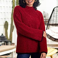 Plush and Warm Red Alpaca Blend Boucle Sweater,'Sumptuous Warmth in Red'