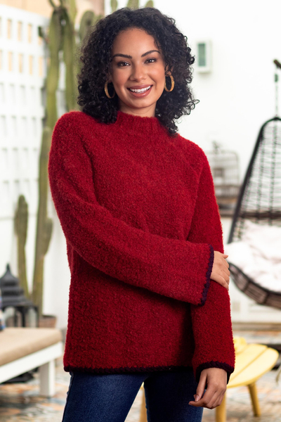 Alpaca blend funnel neck sweater, 'Sumptuous Warmth in Red' - Plush and Warm Red Alpaca Blend Boucle Sweater