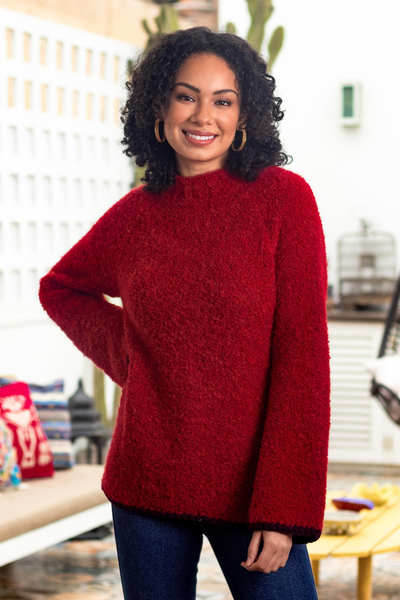 Alpaca blend funnel neck sweater, 'Sumptuous Warmth in Red' - Plush and Warm Red Alpaca Blend Boucle Sweater