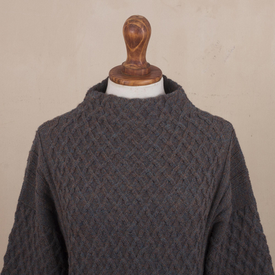 100% alpaca sweater, 'Smoky Grey Trellis' - Trellis Pattern Grey 100% Alpaca Sweater