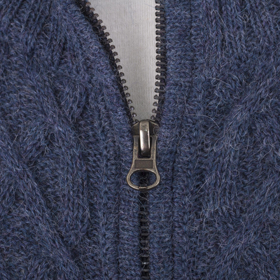 Men's 100% alpaca zipper cardigan, 'Cozy Prussian Blue' - Prussian Blue Alpaca Cable Knit Zip Front Men's Cardigan