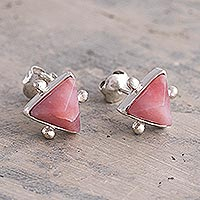 Triangular Rhodonite Stud Earrings,'Pink Pyramids'
