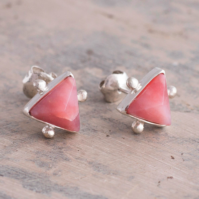 Rhodonite stud earrings, 'Pink Pyramids' - Triangular Rhodonite Stud Earrings
