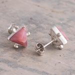 Rhodonite stud earrings, 'Pink Pyramids' - Triangular Rhodonite Stud Earrings