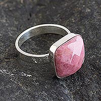 Rhodonite single-stone ring, 'Equanimity' - Handmade Sterling and Rhodonite Ring