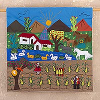 Cotton applique wall hanging, 'Corn Harvest' - Hand Crafted Arpilleria Folk Art Wall Hanging