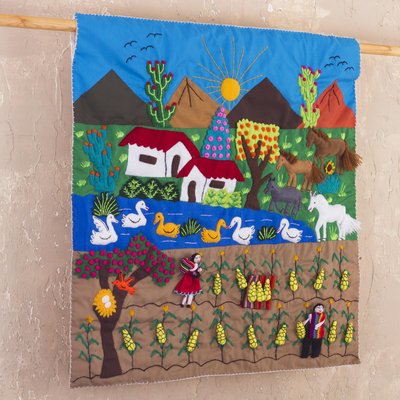 Cotton applique wall hanging, 'Corn Harvest' - Hand Crafted Arpillera Folk Art Wall Hanging