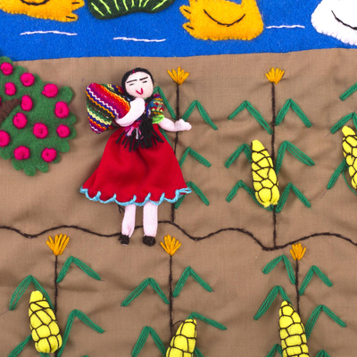 Cotton applique wall hanging, 'Corn Harvest' - Hand Crafted Arpillera Folk Art Wall Hanging
