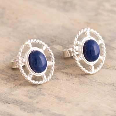 Sodalite button earrings, 'Eternal Calm' - Oval Button Earrings with Sodalite