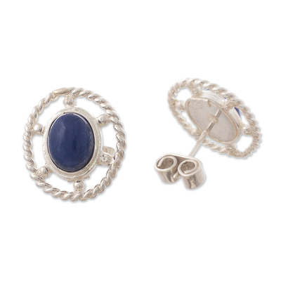 Sodalite button earrings, 'Eternal Calm' - Oval Button Earrings with Sodalite