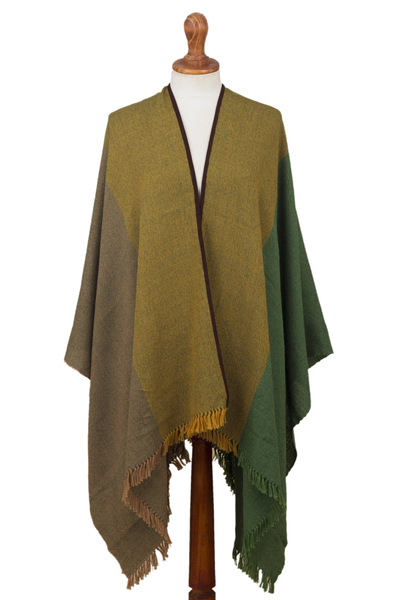 Brown and Green Suede Trimmed Baby Alpaca Ruana from Peru