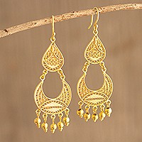 Gold-plated filigree chandelier earrings, 'Crescent Drop' - Peruvian Gold-Plated Filigree Chandelier Earrings