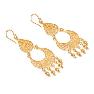 Gold-plated filigree chandelier earrings, 'Crescent Drop' - Peruvian Gold-Plated Filigree Chandelier Earrings