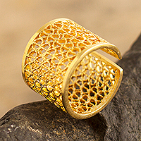 Gold-plated filigree band ring, 'Royal Swirl' - Wide Peruvian Gold-Plated Filigree Band Ring