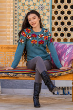 100% alpaca intarsia knit sweater, 'Turquoise Garden' - Intarsia Knit Turquoise Floral Alpaca Sweater