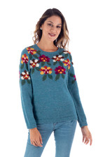 100% alpaca intarsia knit sweater, 'Turquoise Garden' - Intarsia Knit Turquoise Floral Alpaca Sweater