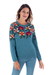 100% alpaca intarsia knit sweater, 'Turquoise Garden' - Intarsia Knit Turquoise Floral Alpaca Sweater thumbail