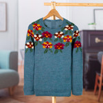 100% alpaca intarsia knit sweater, 'Turquoise Garden' - Intarsia Knit Turquoise Floral Alpaca Sweater