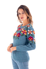 100% alpaca intarsia knit sweater, 'Turquoise Garden' - Intarsia Knit Turquoise Floral Alpaca Sweater