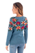 100% alpaca intarsia knit sweater, 'Turquoise Garden' - Intarsia Knit Turquoise Floral Alpaca Sweater