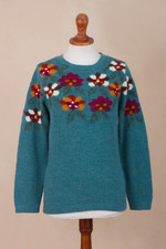 100% alpaca intarsia knit sweater, 'Turquoise Garden' - Intarsia Knit Turquoise Floral Alpaca Sweater