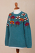100% alpaca intarsia knit sweater, 'Turquoise Garden' - Intarsia Knit Turquoise Floral Alpaca Sweater (image 2f) thumbail