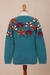 100% alpaca intarsia knit sweater, 'Turquoise Garden' - Intarsia Knit Turquoise Floral Alpaca Sweater