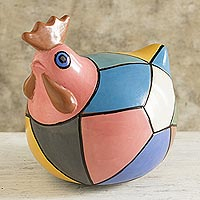 Ceramic sculpture, 'Rosy Cubist Hen' (7 inch) - Multicolored Ceramic Hen Sculpture (7 inch)