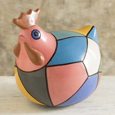 Ceramic sculpture, 'Rosy Cubist Hen' (7 inch) - Multicolored Ceramic Hen Sculpture (7 inch)