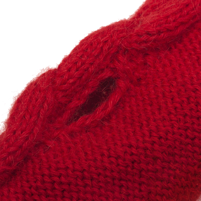 Alpaca blend fingerless mittens, 'Cozy Cardinal Red' - Andean Alpaca Blend Hand Knit Red Fingerless Mittens