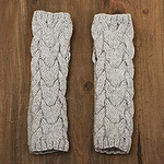 Andean Alpaca Blend Hand Knit Light Grey Fingerless Mittens, 'Cozy Dove Grey'