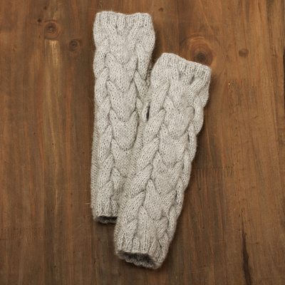 Alpaca blend fingerless mittens, 'Cozy Dove Grey' - Andean Alpaca Blend Hand Knit Light Grey Fingerless Mittens
