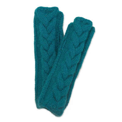 Alpaca blend fingerless mittens, 'Turquoise Teal Braid' - Andean Alpaca Blend Hand Knit Turquoise Fingerless Mittens