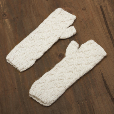 Handschuhe aus Alpakamischung - Lange handgestrickte warmweiße fingerlose Handschuhe