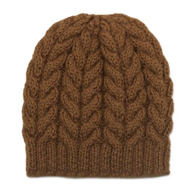 Alpaca blend knit hat, 'Sepia Cables' - Hand Knit Brown Alpaca Blend Hat
