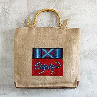 Jute tote bag, 'Otorongo' - Handmade Jute Tote Bag with Bamboo Handles