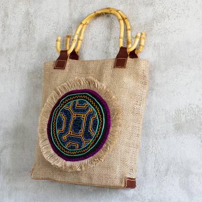 Leather-accented jute tote bag, 'Amazonian Mandala' - Embellished Jute Tote Bag with Leather Trim
