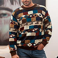Men's 100% alpaca intarsia knit sweater, 'Adventure Geometry'