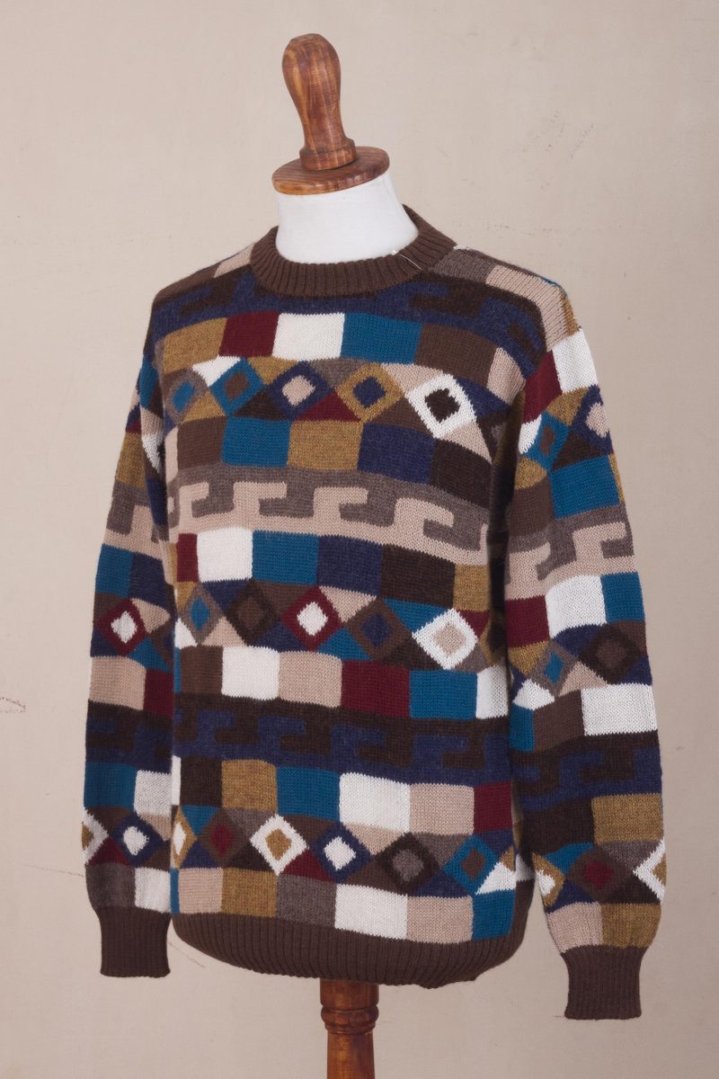 Geometric Intarsia Knit 100% Alpaca Men's Sweater - Adventure